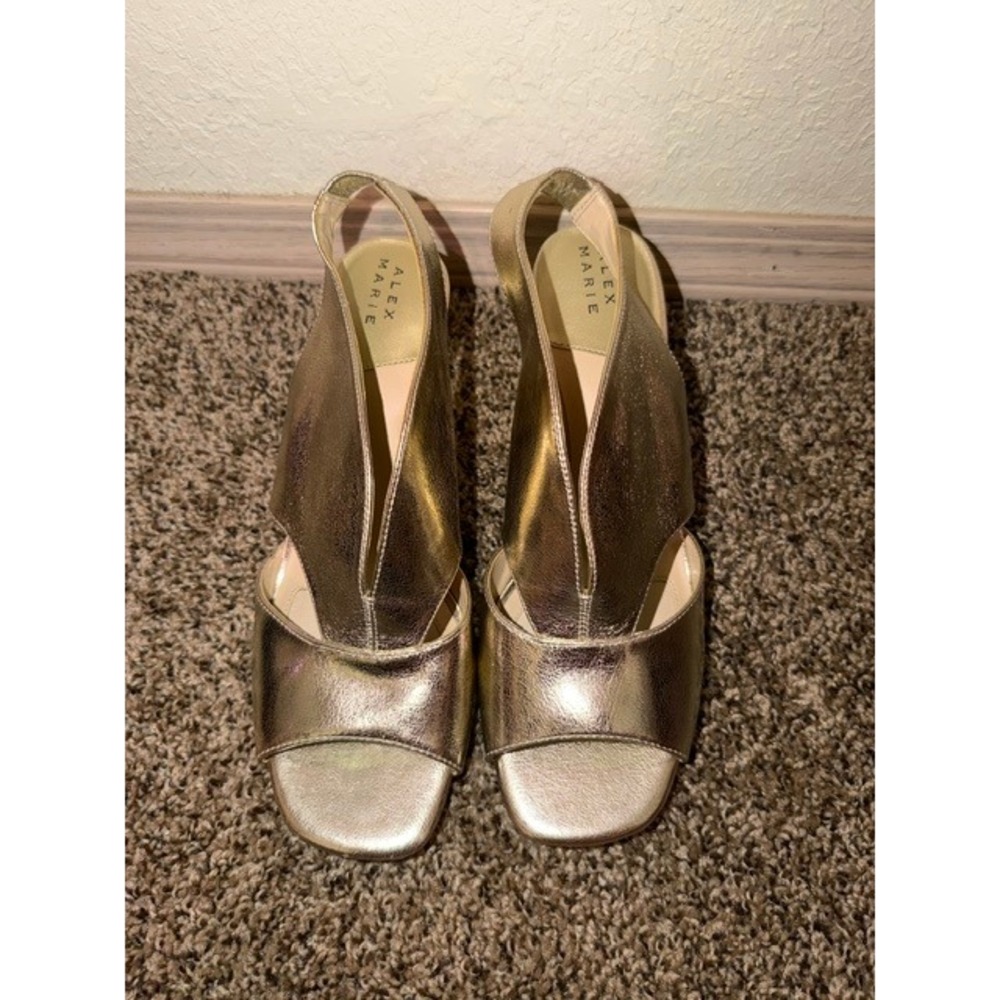 Alex Marie Women Metallic Gold Leather Slingback Block Heel Sandals Size 9.5M